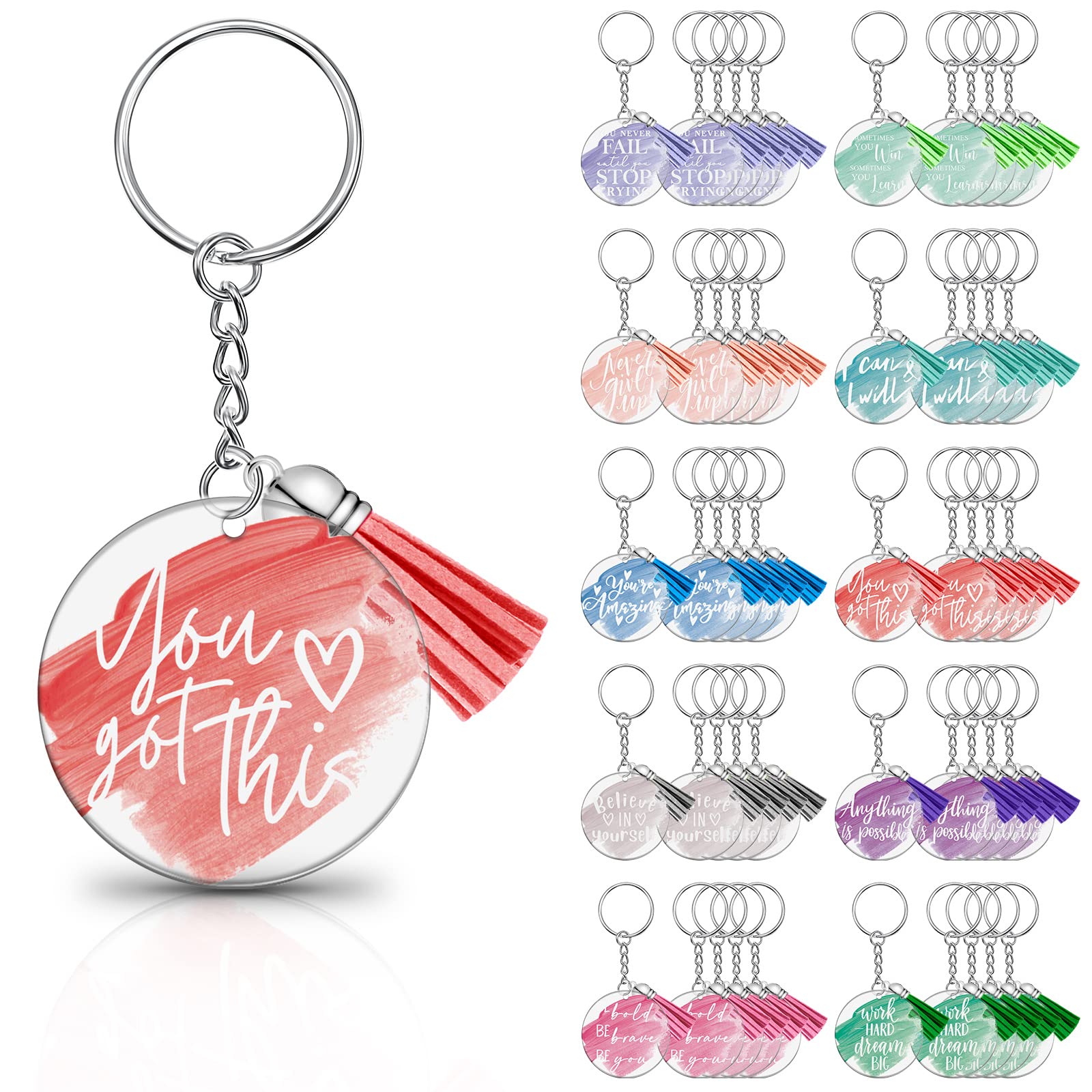 Photo 1 of Chunful 50 Pcs Inspirational Gift Acrylic Keychain with Tassels Bulk Thank You Gifts for Employee Teacher Volunteer Coworker Staff Social Worker Appreciation(Painting Style,Bright Colors)