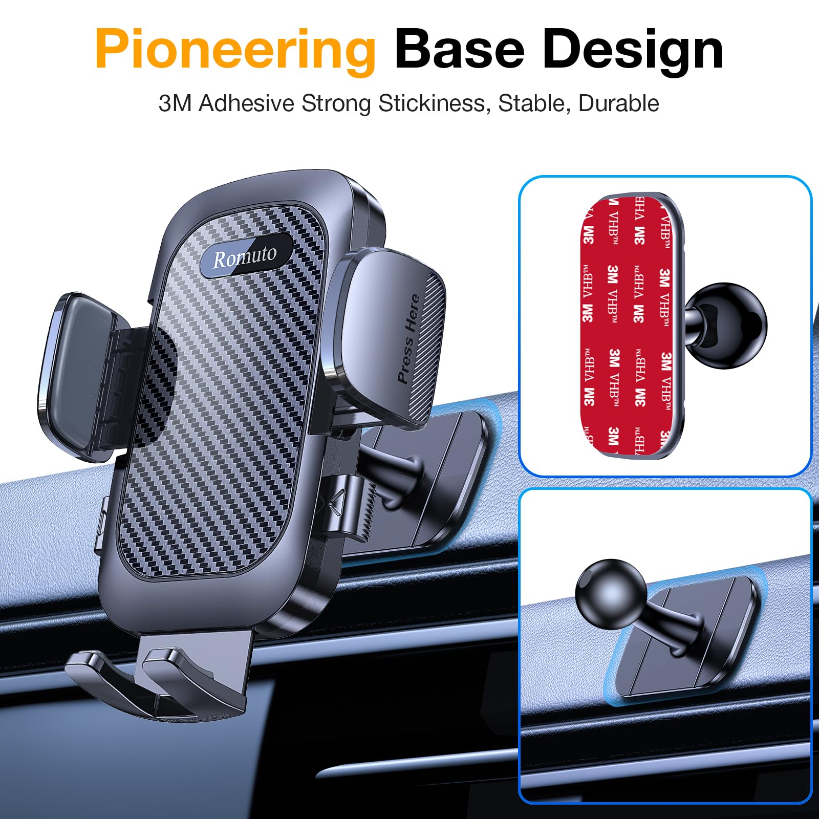 Romuto Phone Holders for Your Car Phone Holder Mount【Super Suction】Cell Phone Mount for Car Accessories for Women Men Dashboard/Windshield/Vent Truck Stand Wall Mounts for iPhone 17 Pro Max 16 Samsung