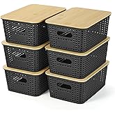 Ohmlove Plastic Storage Baskets With Bamboo Lid - Plastic Storage Containers Stackable Storage bins: Storage Baskets for Organizing Shelves Drawers Desktop Closet Playroom Classroom Office, 6 Pack