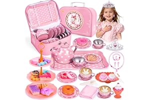 Hohosunlar Tea Party Set for Little Girls, Princess Tea Time Toy for Toddler, Tin Tea Set Include Tea Cups Teapot Dessert Kitchen Pretend Play with Carrying Case, Easter Birthday Gift for Kids Age 3-8