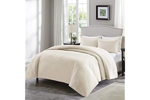 Comfort Spaces Kienna Quilt Set-Luxury Double Sided Stitching Design Summer Blanket, Lightweight, Soft, All Season Bedding Layer, Matching Sham, Ivory, Coverlet Full/Queen(90"x90") 3 Piece