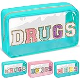Chenille Letter Clear DRUGS Makeup Bag, Meds Travel Bag Small Preppy Makeup Pouch with Zipper, Transparent PVC & Nylon Waterproof Portable Glitter Cosmetic Toiletry Storage for Women Girl(DRUGS-Green)