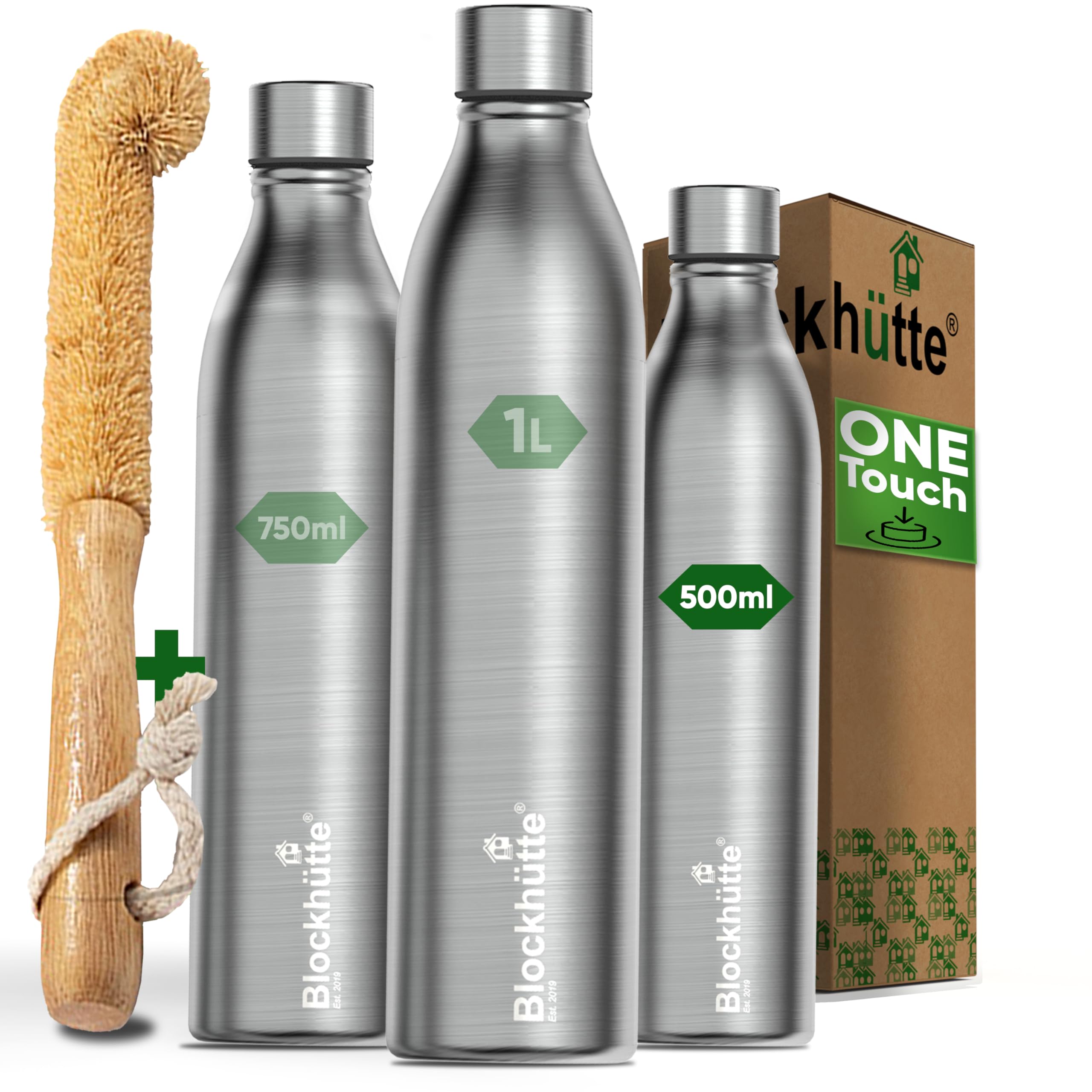 Blockhütte Reusable Water Bottle Stainless Steel I 500ml I 24h Cold Drinks I Suitable for Carbonated Drinks | incl Bottle Brush I Leak Proof Water Flask | for Travel, Sports, Work, BPA Free