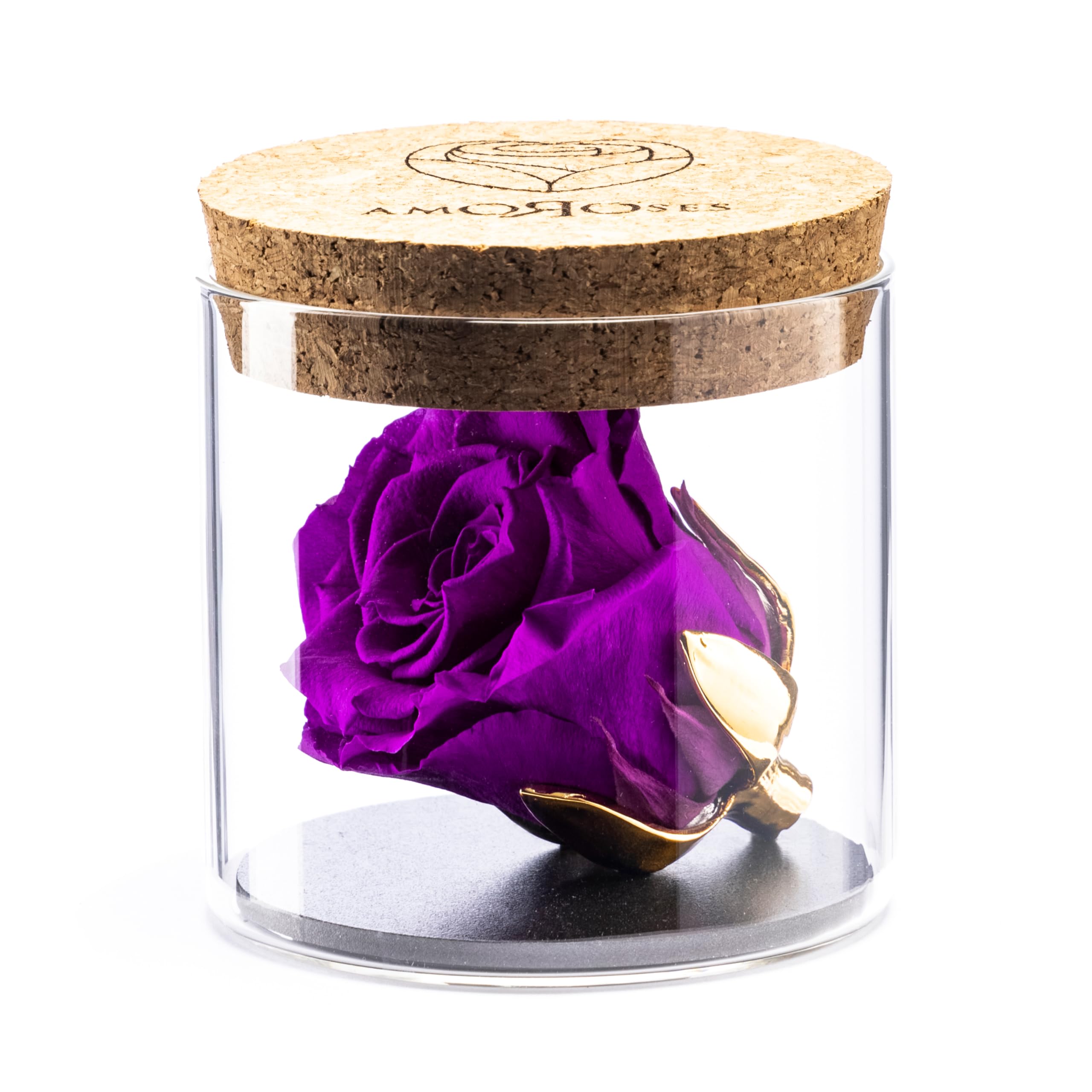 Amoroses Bijou - Eternal Stabilised Rose with 24K Gold Plated Calyx in Glass Jar | Gift Idea (Purple Rose)