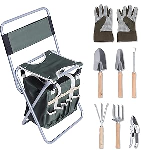 dporticus 9 Piece Garden Tools Set Heavy Duty Folding Hand Tools Kit w/Detachable Storage Tote Bag and Collapsible Stool Seat with Backrest,Great Gift for Gardeners