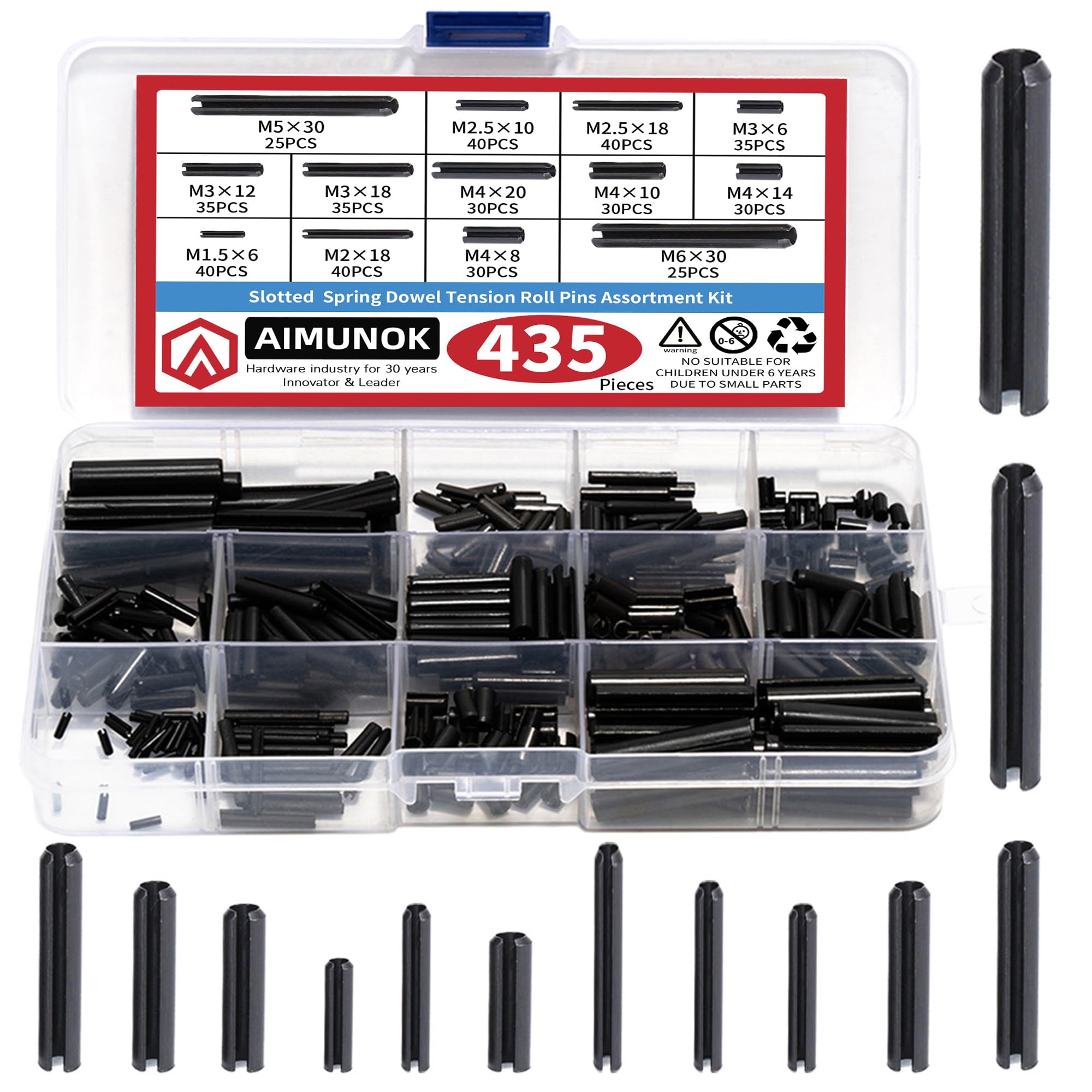 AIMUNOK 435-Piece Roll Pin Assortment Kit - Slotted Tension Pins, Split Dowels & Expansion Spring Pins - Includes M1.5 to M6 Sizes (13 Types) - Durable Spring Steel for Secure Fastening