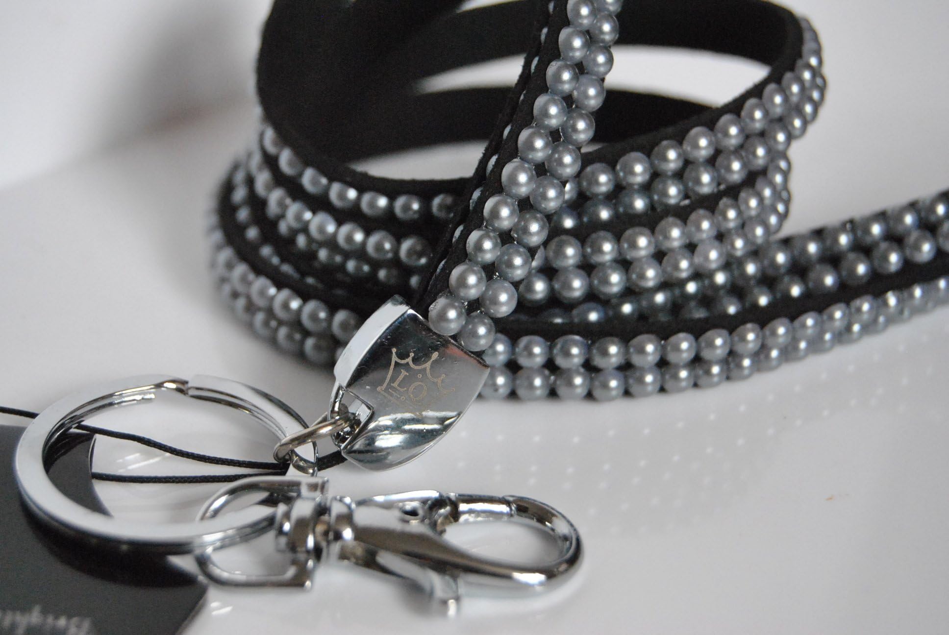 Lanyard Queen Round Pearl Rhinestone Lanyard ID Badge Holder Key Ring (Silver Grey Pearl)