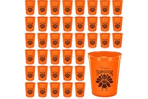 Meanplan 48 Pieces Thanksgiving Party Cups Orange Black Happy Thanksgiving Turkey Plastic Party Reusable Cups Bulk 12 oz Tumblers for Dinner Friendsgiving Supplies