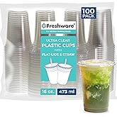Freshware 16 oz Clear Disposable Plastic Cups with Flat Lids and Straws, 100 Pack Clear Plastic Cups Tumblers, Heavy-duty Party Glasses, Disposable Cups for Thanksgiving, Halloween, Christmas Party