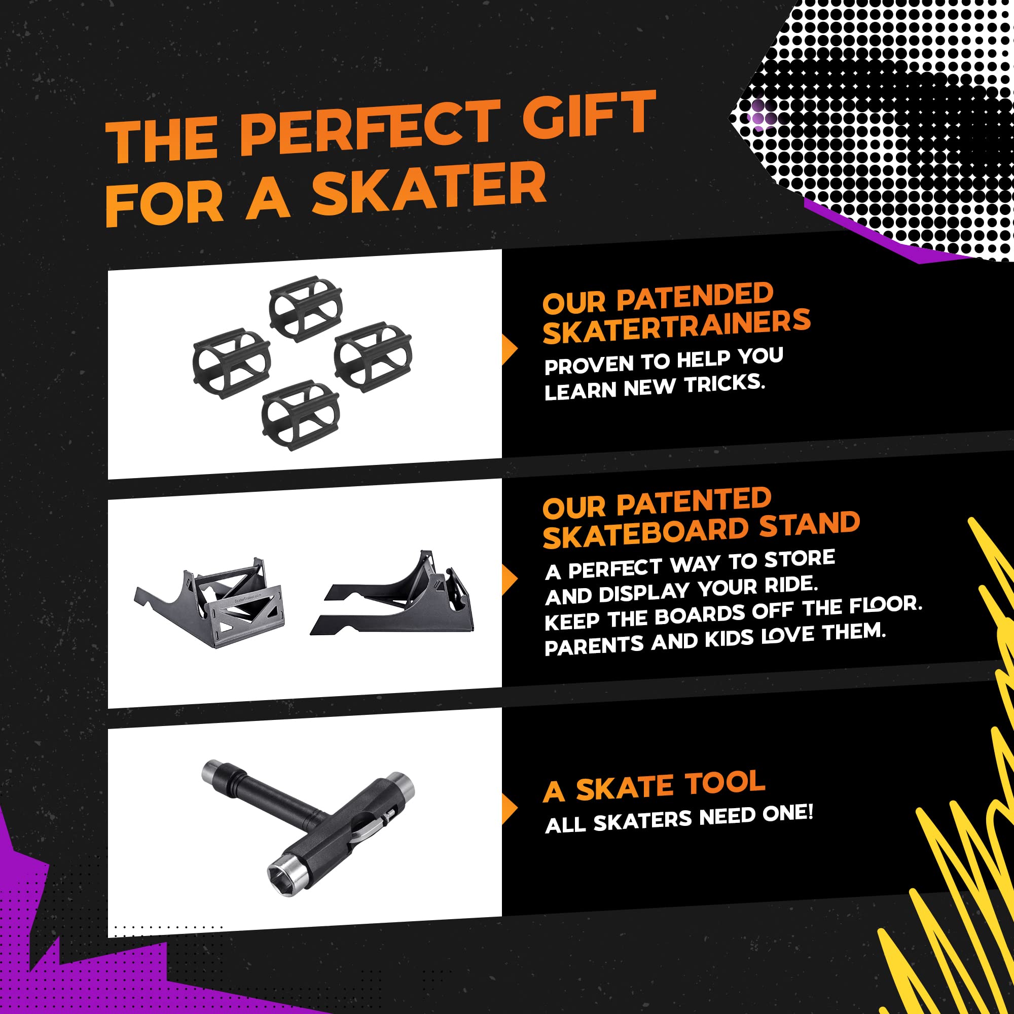 Skateboard Gift Package Accessories with Skater Trainers, Origami Stand, and Free Skate Tool - Learn Tricks Faster, Store Your Board, and get a T-Tool to Tune Up Your Ride