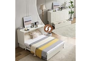 EDWINENE Queen Murphy Bed with Mattress Included, Murphy Bed Cabinet with Storage Drawer and USB Charging Station, White
