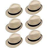KisSealed 6 Pack Classic Fedora Hats for Men & Women, Beige Straw Sun Hats with UV Protection, Perfect for Outdoor & Occasions