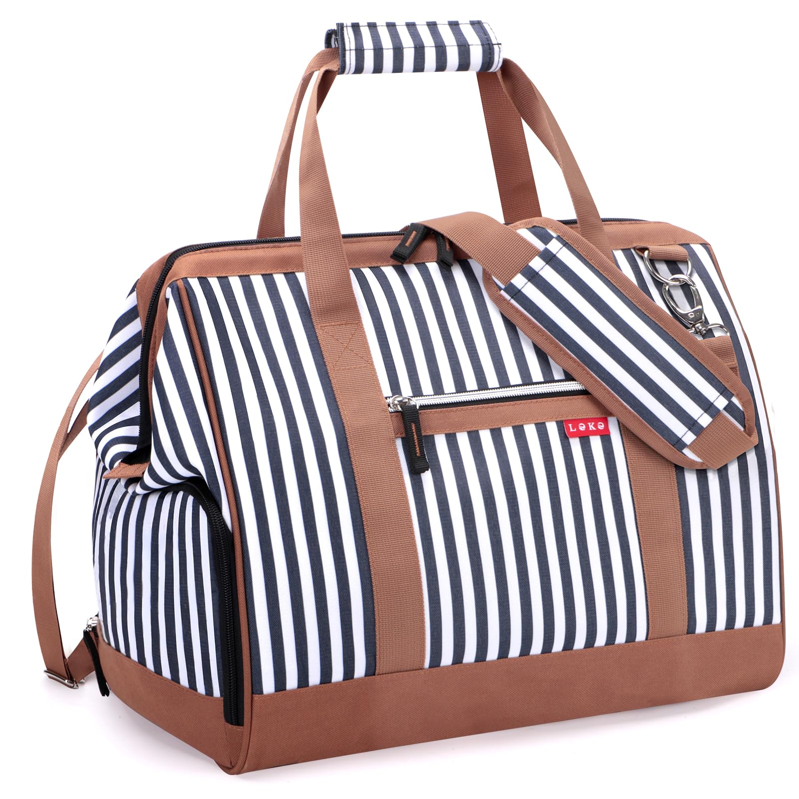 Lekesky Weekend Overnight Bags for Women - 33l Top Large Opening Travel Duffles Bag, Holdall Bag for Airlines with Shoes Compartment (White Stripes,42 * 33 * 24cm)