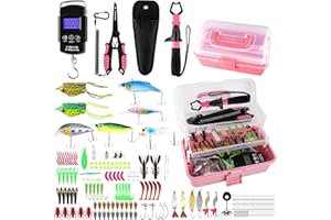3-Layer Pink Fishing Tackle Box with Tackle Included, Fishing Gear Kit Includes Pliers Fish Lip Gripper Scale Crankbait Spinn