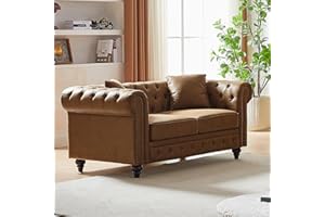 JEEOHEY Mid Century Modern Loveseat Sofa, 63.5"W High-tech Fabric Button Tufted Small Couch with Nailhead Trim & Roll Armrest, Comfy Upholstered Chesterfield Sofa for Living Room, Office(2 Seater, Brown)