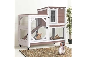 Gutinneen 2-Story Rabbit Hutch Bunny cage Wooden Rabbit Cage Indoor/Outdoor with Chew-Proof Ramp, 2 Leak-Proof Pull-Out Trays, Lockable Wheels for Rabbits, Guinea Pigs, Small Animals (Brown and White)