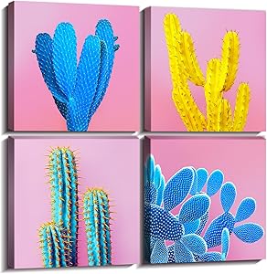 Cactus Decor Home Decorations Wall Art For Living Room Framed Pictures Canvas Prints Colorful Pop Fashion Tropical Desert Plant Girl Pink Blue Modern Contemporary Artwork Set of 4 Piece 12 × 12"x4