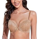 Deyllo Women’s Push Up Lace Bra Comfort Padded Underwire Bra Lift Up Add One Cup
