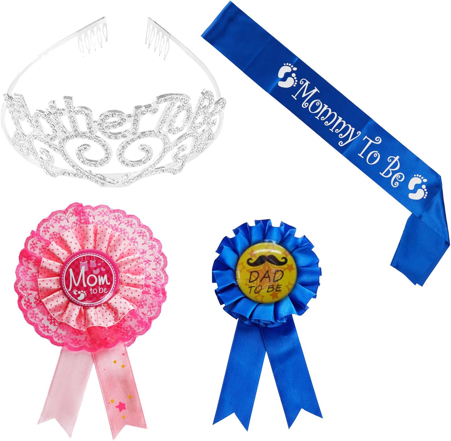 Mother To Be Tiara Hearts Crown + Mom To Be Sash + Mom To Be Pin + Dad To Be Pin - Baby Shower Party Favors Decorations Gift For Boy or Girl (Mother to be - Blue_2, OneSize)