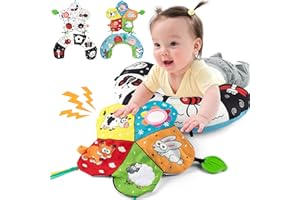 SYNARRY Tummy Time Pillow with 3D Crinkle Mat & Teethers, Black and White High Contrast Baby Toys with Mirror, Sensory Toy for Infant Newborn Toddler Tummy Time Pillow Toys 0-3 3-6 Months Babies Gifts