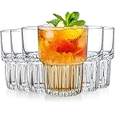 DEAYOU 6 Pack Drinking Glasses Set, 11 OZ Clear Striped Iced Tea Water Glass Cup, Stackable Rocks Glasses, Thick Tempered Glass Tumbler with Heavy Base for Juice, Milk, Cocktail, Spirits, Daily Use