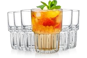 DEAYOU 6 Pack Drinking Glasses Set, 11oz/325ml Clear Striped Iced Tea Water Glass Cup, Stackable Rocks Glasses, Thick Tempere
