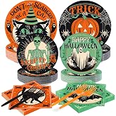 Greencian 200Pcs Halloween Vintage Spooky Party Supplies, Serves 50 | Retro Orange Black Plates and Napkins Tableware Set for Halloween Trick or Treat Birthday Baby Shower Party Supplies