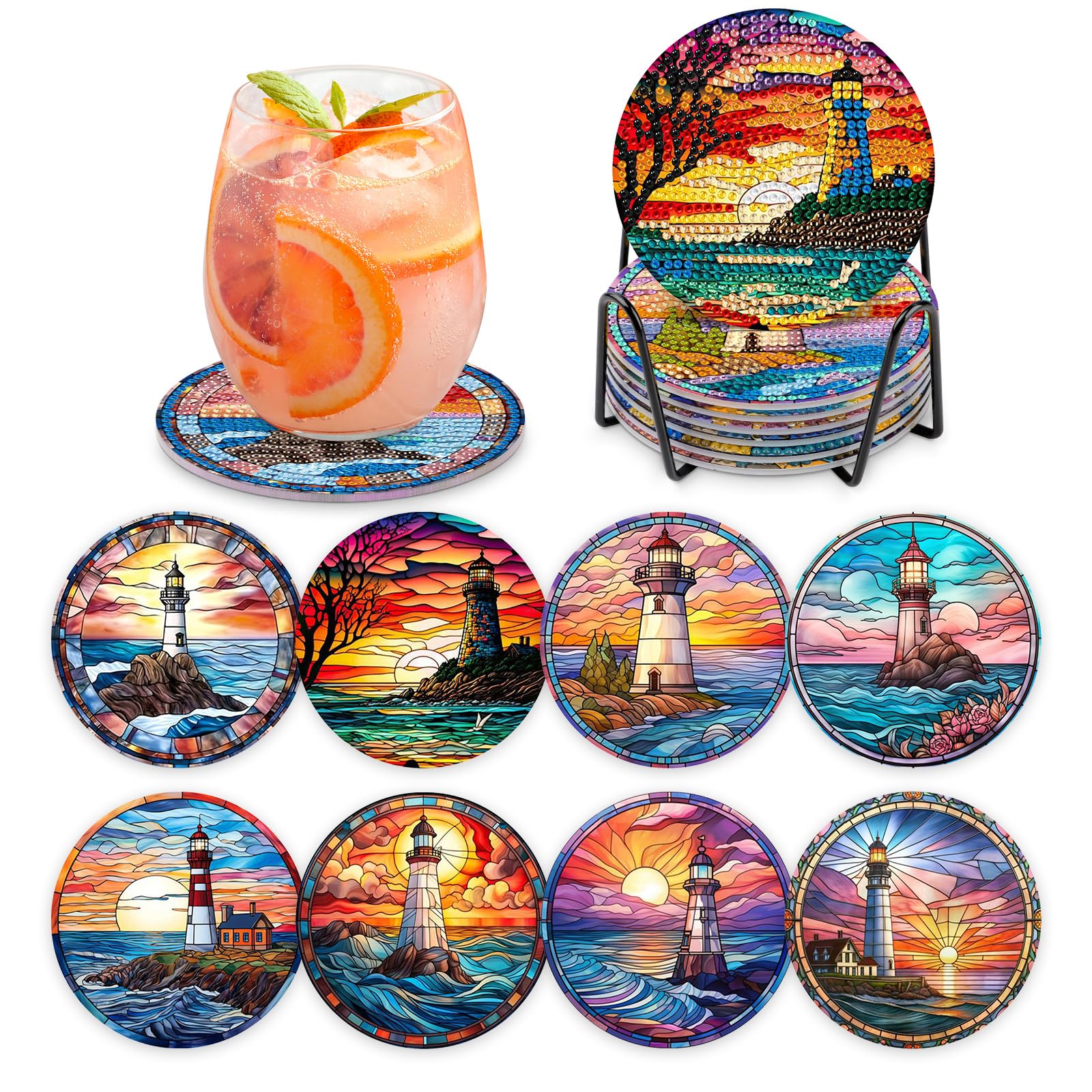 MOGTAA 8 Pcs Lighthouse Diamond Painting Coasters Kit with Holder, 5D Diamond Art Coasters Kits for Adults Kids Beginners, DIY Diamond Painting Coaster Sets Landscape Painting Craft for Home Decor