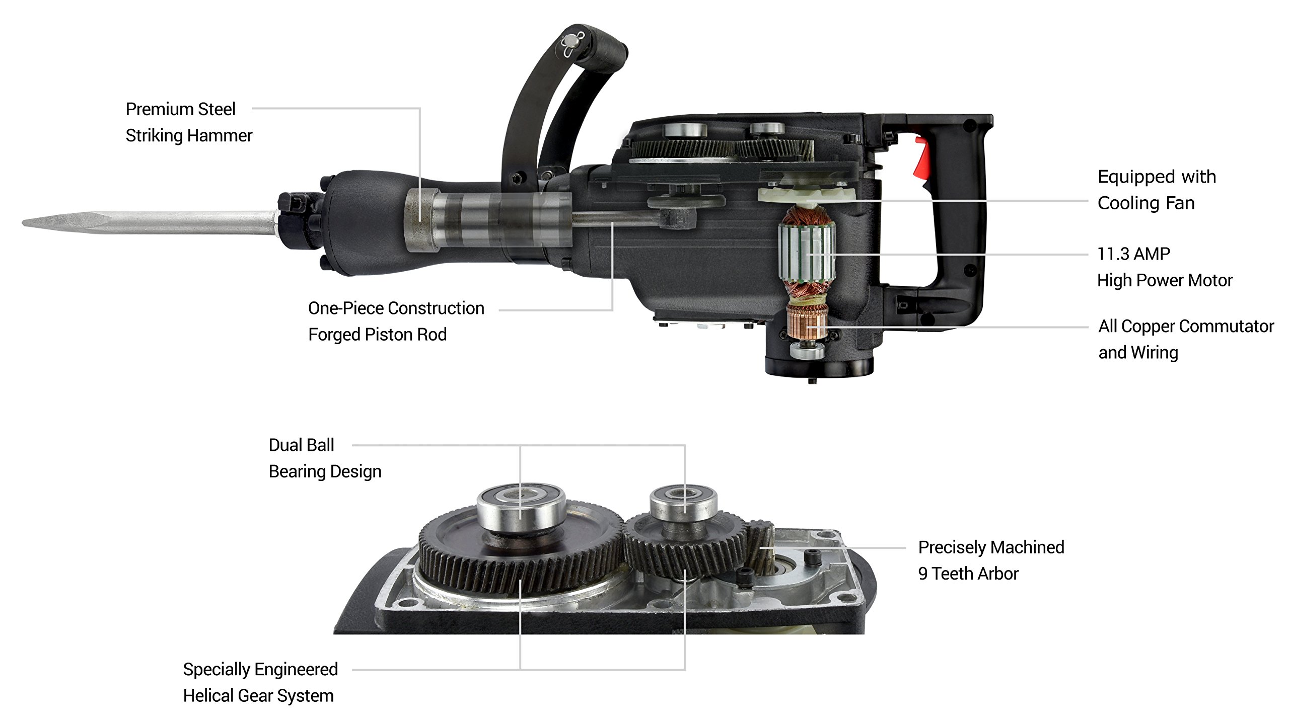 Neiko 02845A Electric Demolition Jack Hammer with Point and Flat Chisel