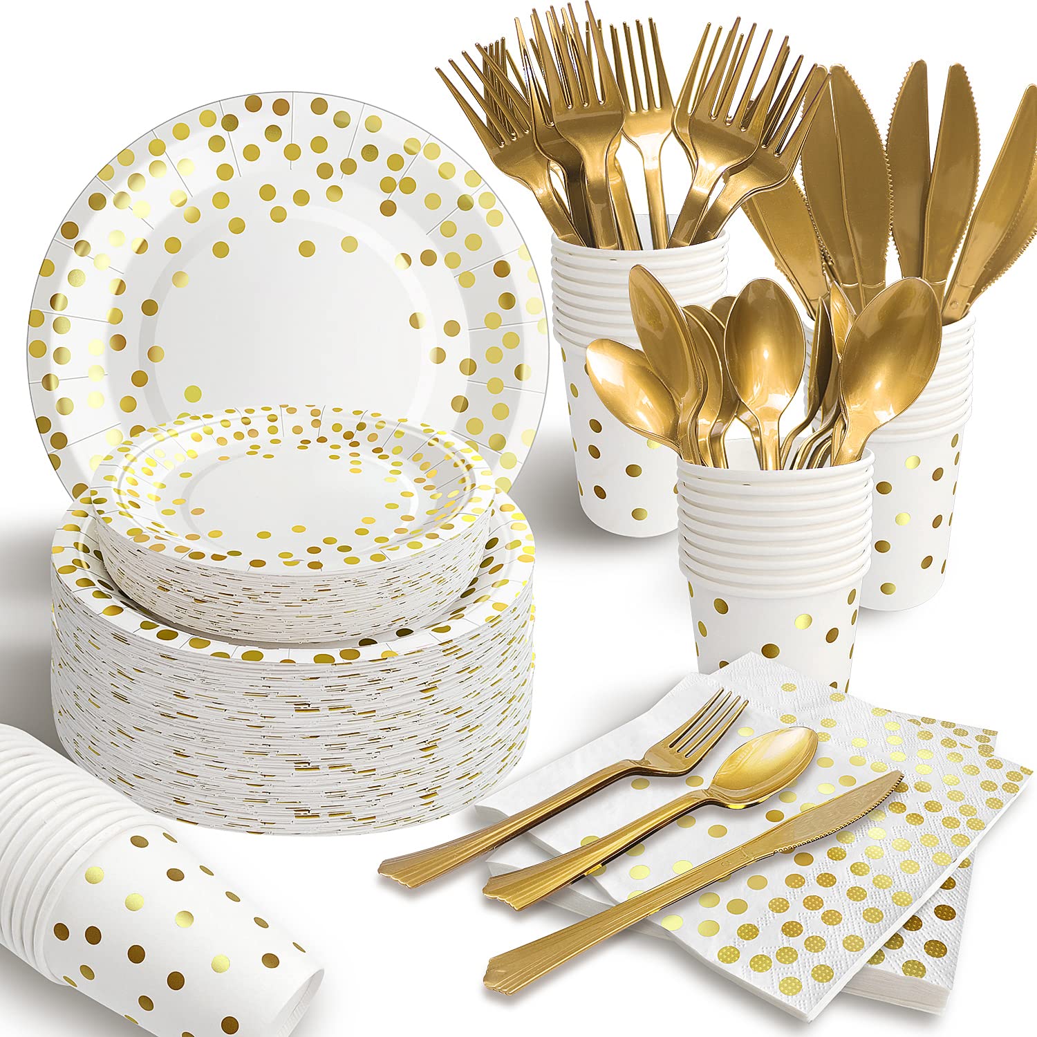 Photo 1 of AIRE 350PCS White and Gold Paper Plates Party Supplies for 50 Guests Disposable Party Decorations Dinnerware Gold Paper Plates Napkins Cups Gold Plastic Forks Knives Spoons for Wedding Birthday