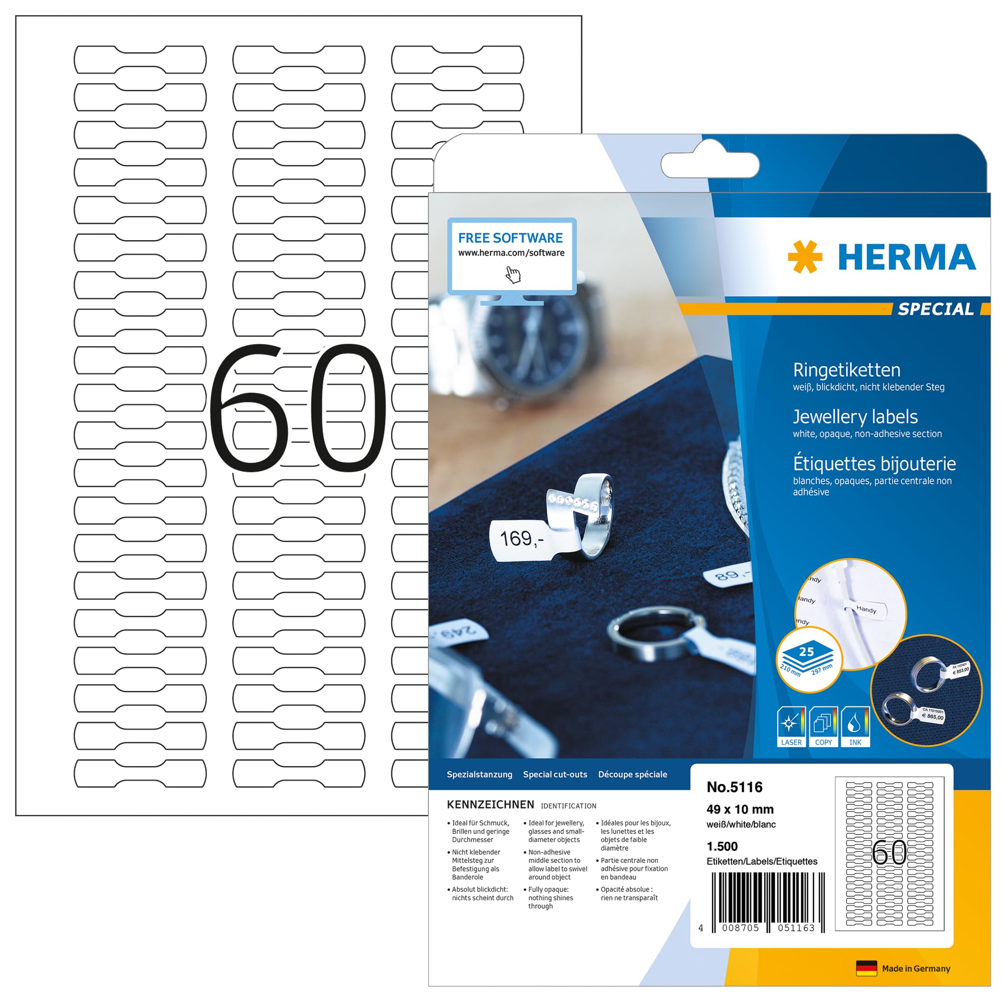 HERMA 5116 Ring Labels Opaque 25 Sheets 49 x 10 mm 60 per A4 Sheet Pack of 1500 Self-Adhesive Printable Matt Blank Paper Price Labels Stickers White