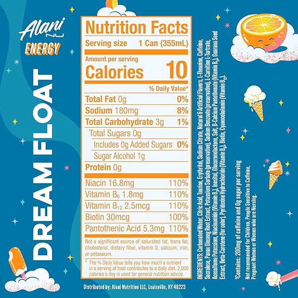 ALANI NU DREAM FLOAT, SUGAR FREE, LOW CALORIE ENERGY DRINKS, 200MG CAFFEINE, BIOTIN, B VITAMINS, ZERO SUGAR, 10 CALORIES, 12 FL OZ CANS, 24 PACK