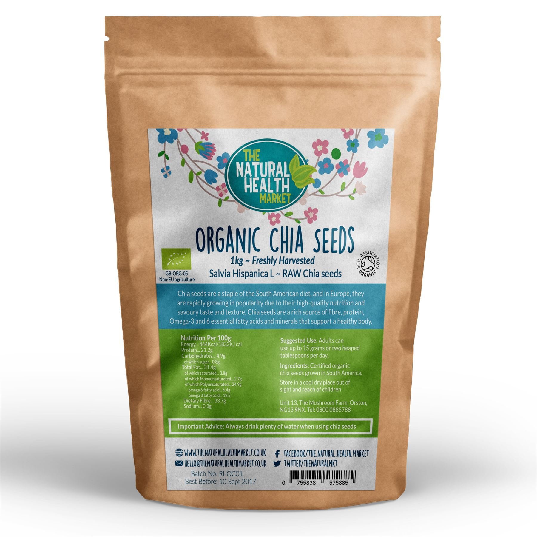 Organic Chia Seeds by The Natural Health Market • Soil Association Certified Organic • Mixed Black Chia and White Chia • Rich Protein Source (1kg)