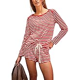 ZIZERY Womens Cotton Pajama Sets Casual Loungewear Set Striped Long Sleeve Tops and Shorts Pjs Lounge Sets with Pockets