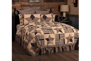 VHC Brands Bingham Star Luxury King Quilt 120Wx105L Country Patchwork Design, Soft Black and Tan