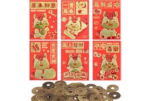 36pcs Chinese New Year Red Envelopes with 50pcs Feng Shui Coins, Year of The Horse 2026 Lucky Money Envelopes for Lunar Years