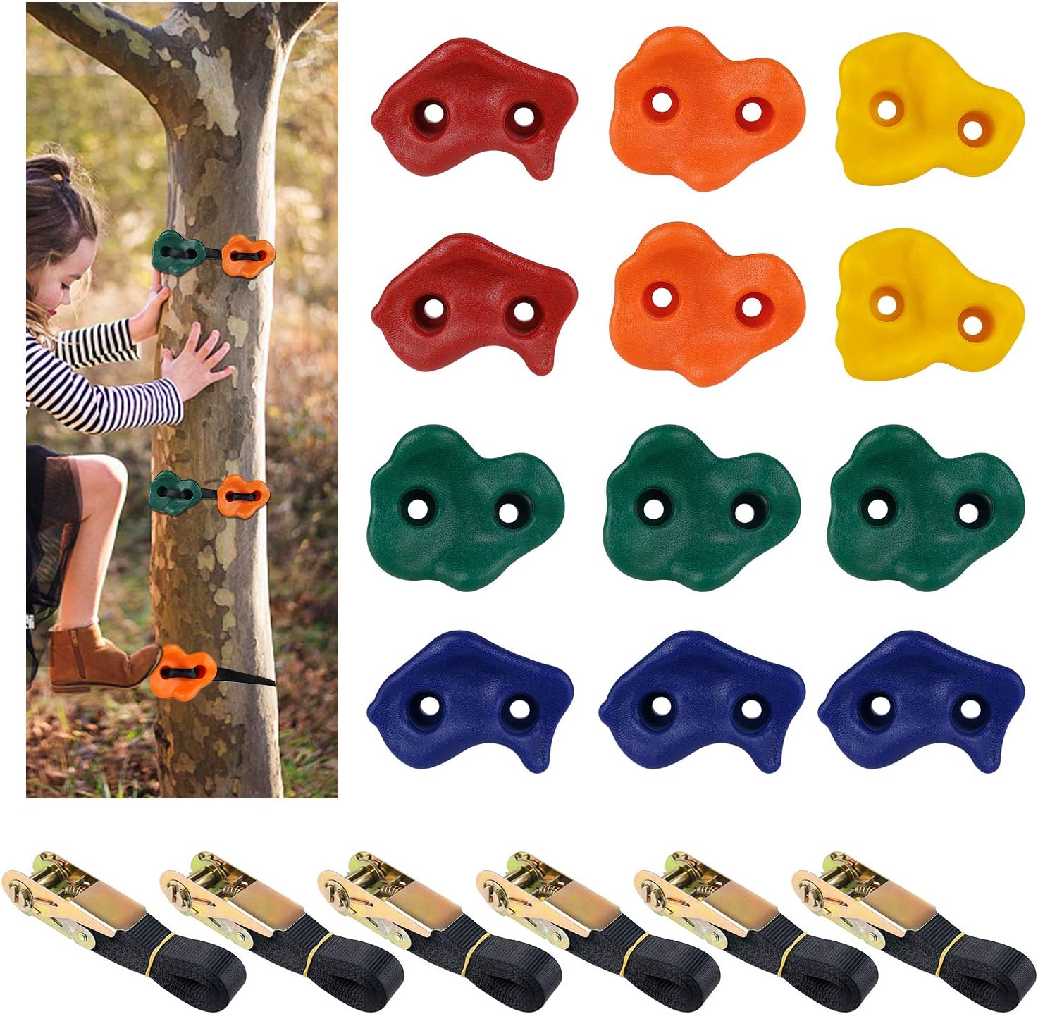 PLYFUNS 12 Ninja Tree Climbing Holds for Kids - Rock Climbing Holds with 6 Sturdy Ratchet Straps Adult Climbing Rocks for Outdoor Play Course Training: Toys & Games