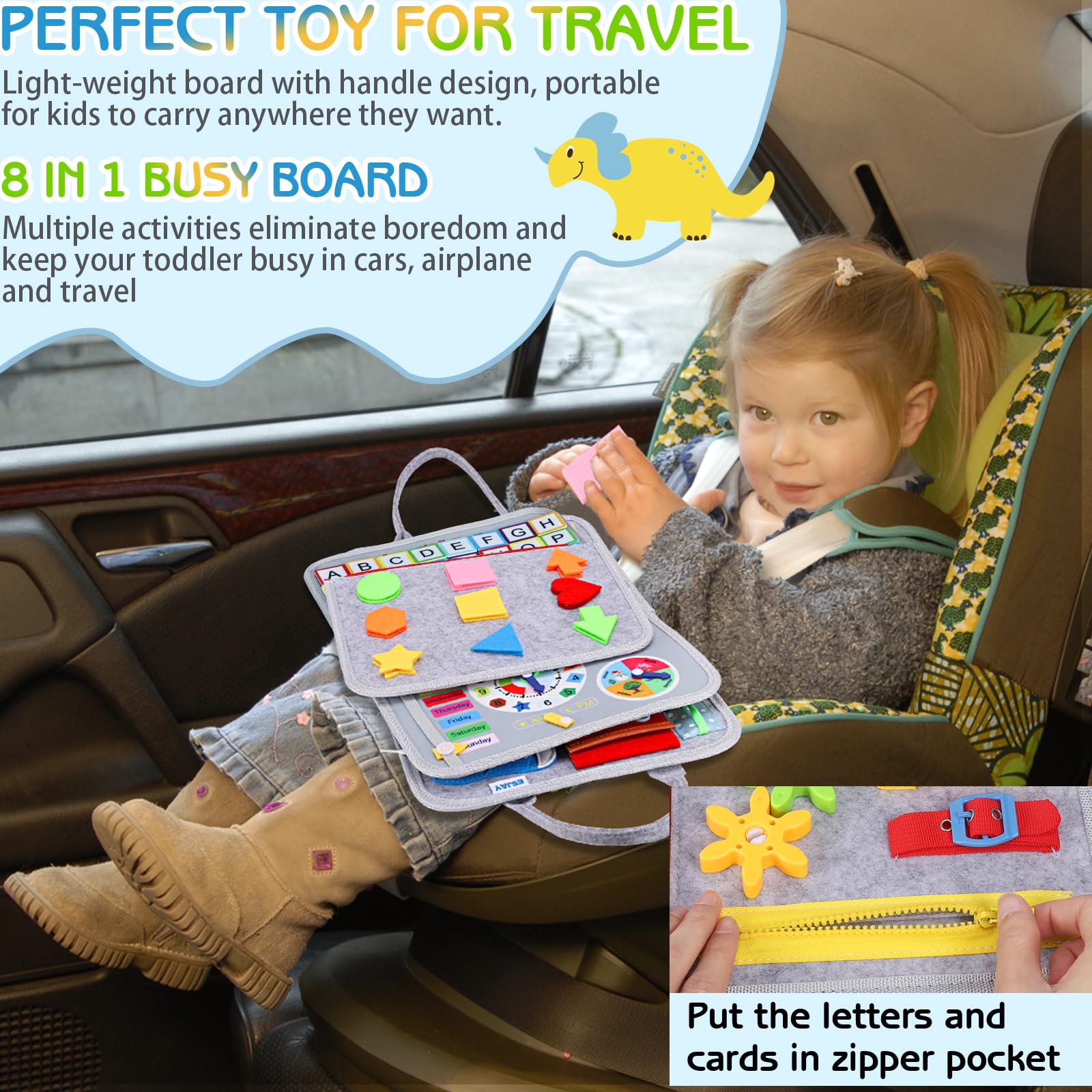 Esjay Toddler Busy Board Montessori Toys for Boys Girls, Sensory Board Educational Activities for Learning Fine Motor Skills, Birthday Gifts for Toddlers, Travel Toys for Airplane Car,Grey Dinosaur