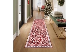 Seavish Christmas Hallway Runner Rug 2x6 Red Kitchen Runner Rugs Non Skid Washable Low Pile Entryway Rugs Indoor Bathroom Rug Runner Soft Carpet Runner for Bedroom Laundry Christmas Decor