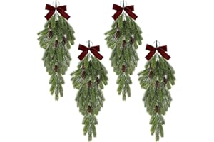 Thiccywoov 4 Pack Christmas Teardrop Swags with Velvet Bow 20 Inch Rustic Pine Greenery with Pine Cones Hanging Teardrop Swag for Front Door Mantle Wall Indoor Outdoor Home Decor(Burgundy)