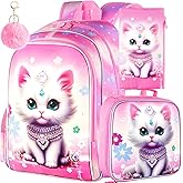 TXHVO 3Pcs Cat Backpack for Kids 16" Girls Bookbag with Lunch Box School Backpacks Set for Elementary Preschool Kindergarten(Pink)