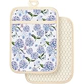 Slohif Silcone Flower Pot Holders for Kitchen - 100% Cotton Beige Blue Cute Oven Potholders with Pockets, Heat Resistant Square Thick Hot Pads, House New Home Baking Baker Gifts,2pack