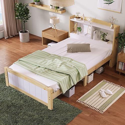 Merax Single Bed Frames with Headboard Bookshelves, 2 Storage Compartments and a Open Shelf, Wooden Bed Frame, 3FT Single Bed with Storage, White and Natural, 90x190cm