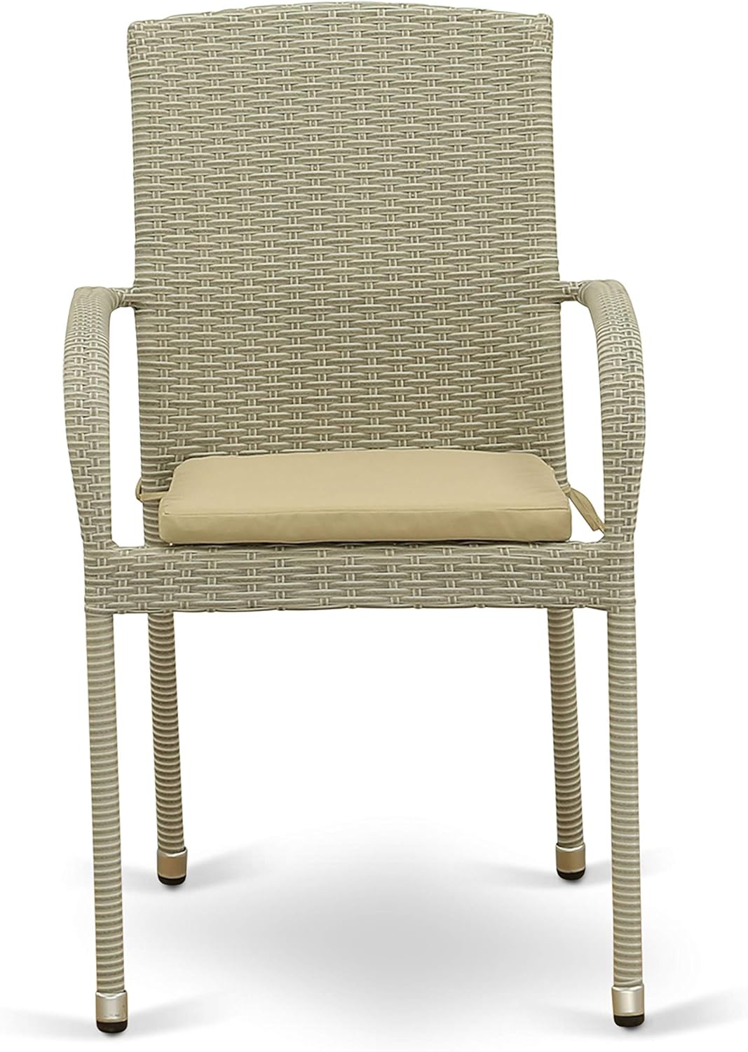 East West Furniture GUJU703A 7Pc Outdoor Natural Color Wicker Dining Set Includes a Patio Table and 6 Balcony Backyard Armchair with Linen Fabric Cushion: Furniture & Decor