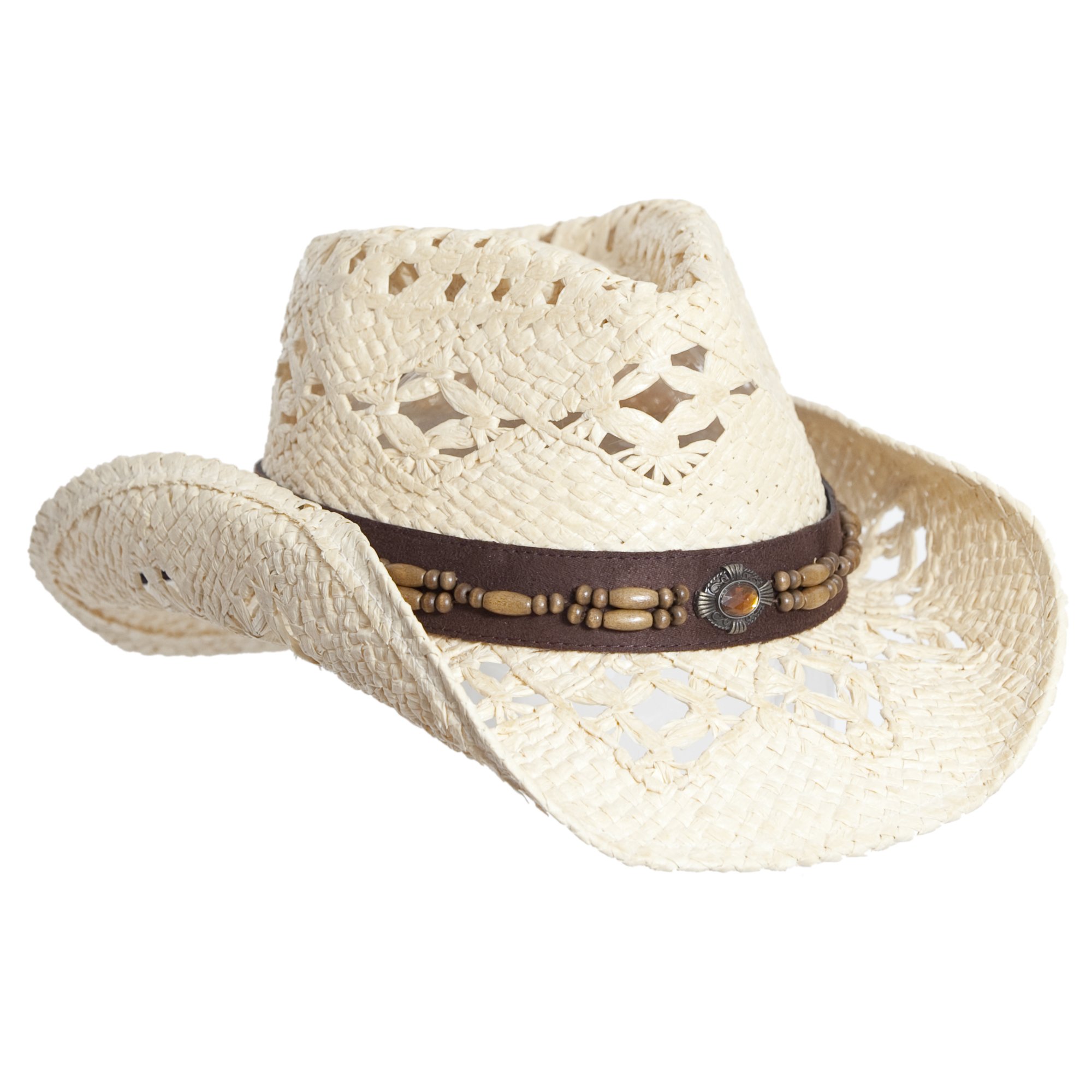 Straw Cowboy Hat W/Vegan Leather Band & Beads Shapeable Brim  display picture 2