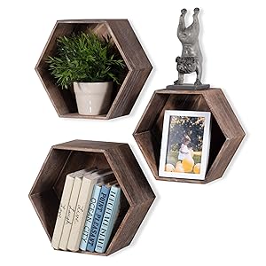 Rustic State Brooks Wall Mount Hexagon Wooden Box Shelf | Distressed Walnut Varying Sizes Set of 3