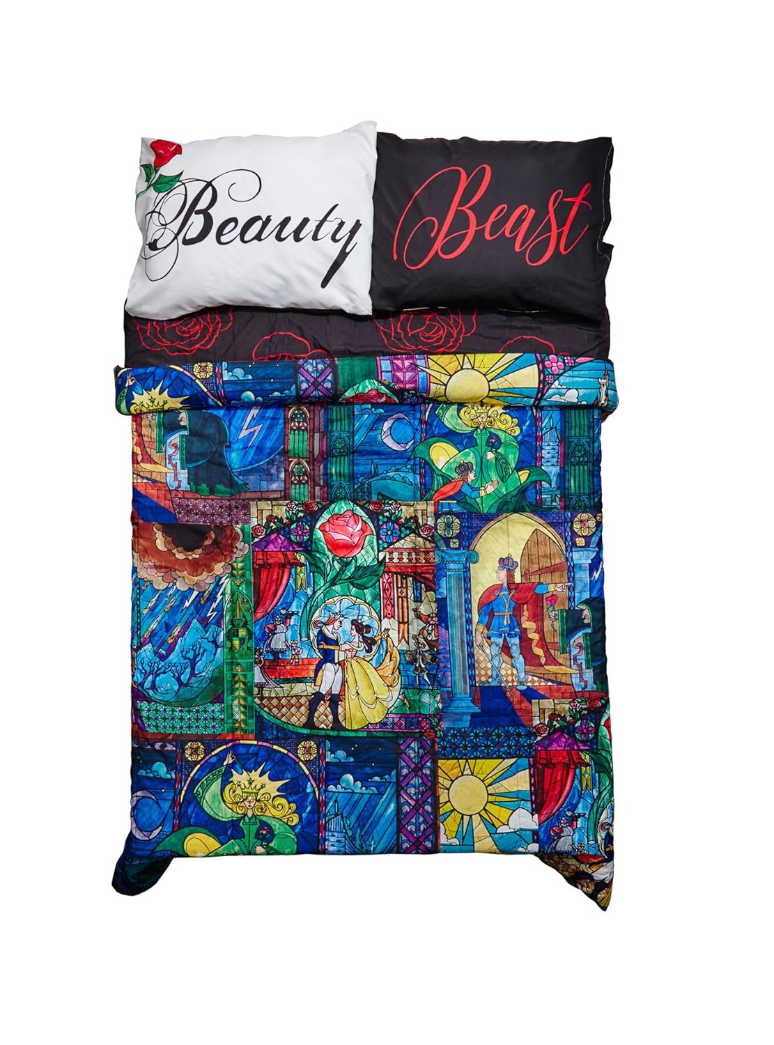 DISNEY BEAUTY AND THE BEAST STAINED GLASS FULL/QUEEN COMFORTER WITH PILLOWCASES