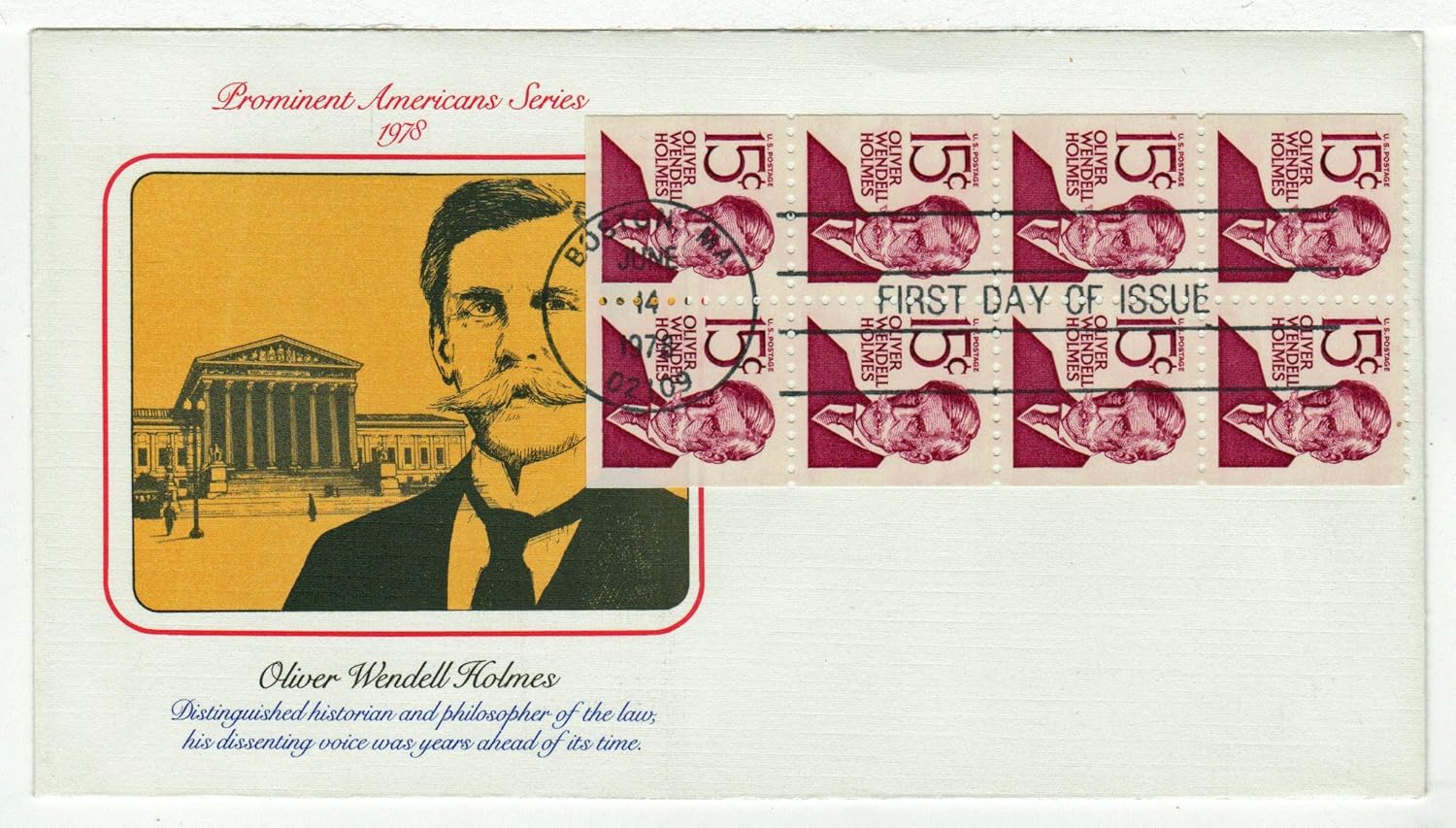 United States Prominent Americans - Oliver Wendell Holmes Postage (Booklet Pane of Eight) Stamp Original First Day Cover # 1288Bc w/Cachet Fleetwood