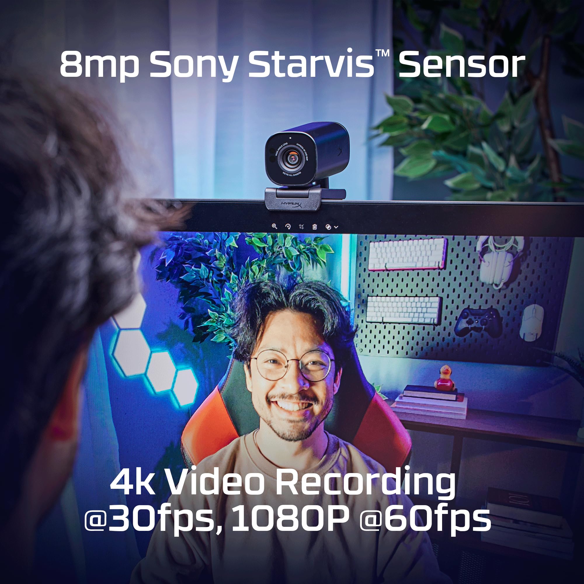 HyperX Vision S – Webcam, 4K Video Recording @ 30fps, 90° Field-of-View, Responsive Autofocus, Hyperflex Cable, Aluminum Body, Plug and Play, Sony Starvis 8MP Sensor, 5G2P Lens, USB-C – Black