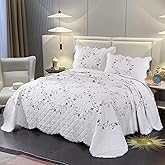 Quilt Set Purple Floral 3D Embroidery Pattern 2 PCS 100% Cotton Reversible Quilted Embroidered Decorative Bedspreads Coverlet Set, Lightweight &Soft Twin Size White Bedding Coverlet for All Season